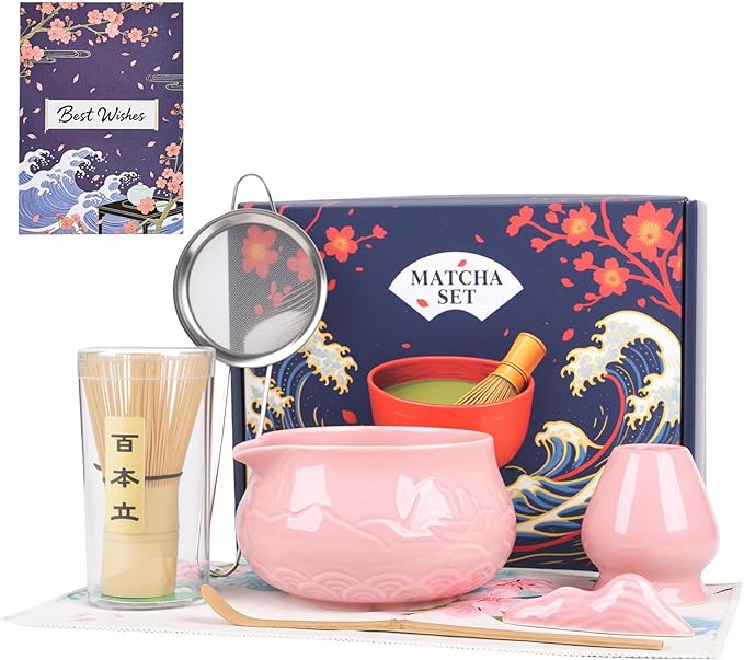 Matcha Whisk Set with Bowl, 8 Pcs Matcha Kit with Ceramic Holder, Scoop Holder, Sifter, Tea Towel, Greeting Card, Bamboo Whisk and Scoop