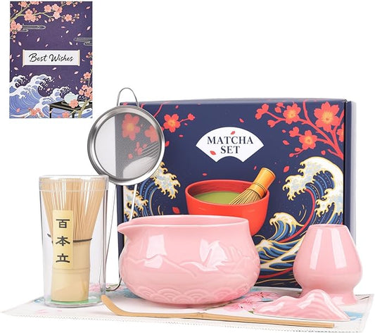 Matcha Whisk Set with Bowl, 8 Pcs Matcha Kit with Ceramic Holder, Scoop Holder, Sifter, Tea Towel, Greeting Card, Bamboo Whisk and Scoop