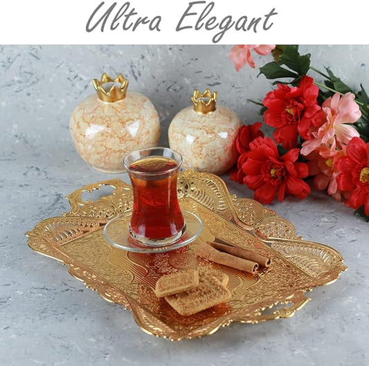 Gold Turkish Coffee Tea Serving Tray Table Home Decor Decorative Handle - Gold Vintage Brass Fancy Rectangle Style Traditional Rustic Bar Outdoor Wedding Arabic Farmhouse Wedding Decor Tray