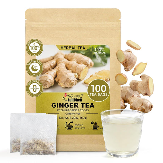 FullChea Ginger Tea Bags, 100 Counts, Te De Jengibre, Non-GMO | Pure Ginger Root, Warm &amp; Spicy, Caffeine-Free, Support Digestion &amp; Boost Immunity, No Additives, Resealable Pouch