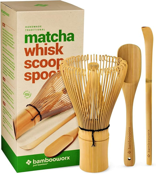 BambooWorx Matcha Whisk Set - (Chasen), Traditional Scoop (Chashaku), Tea Spoon. The Perfect Sets to Prepare a Traditional Cup of Japanese Tea