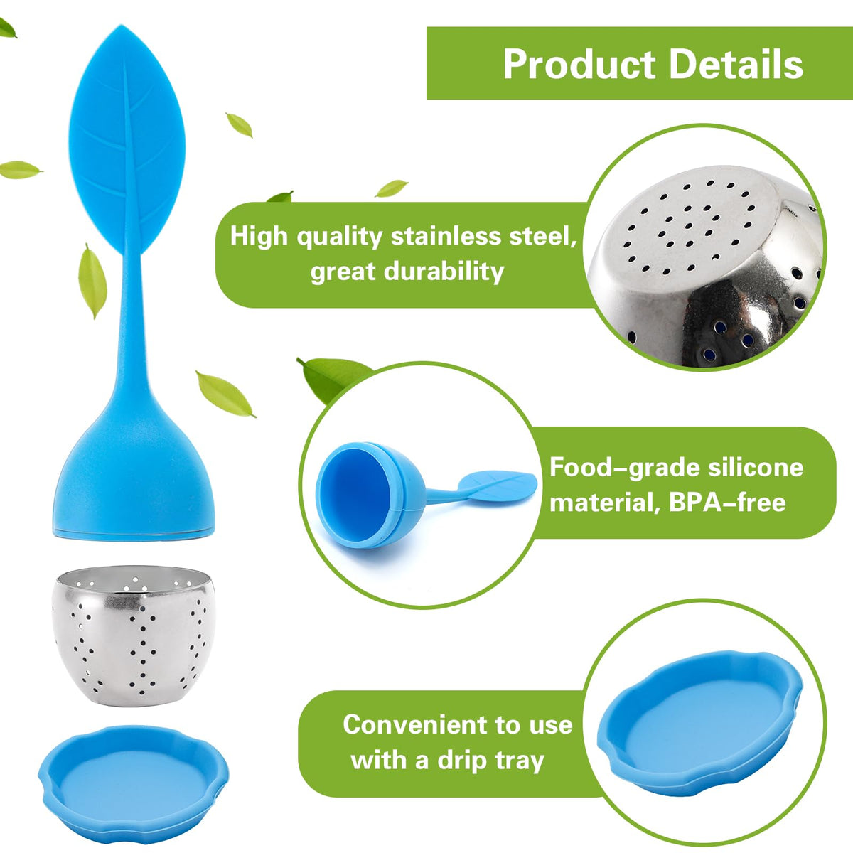 Bekith 7 Pack Silicone Tea Infuser, Cute Loose Leaf Tea Steeper, Fine Mesh Tea Strainer with Drip Tray, Stainless Steel Tea
