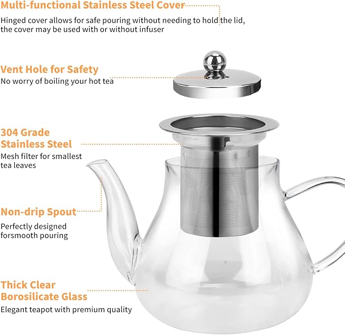 Glass Teapot 28oz/800ml with Removable Infuser, Borosilicate Clear Tea Kettle, Stovetop Safe Tea Kettle Blooming Loose Leaf Teapots, for Camping