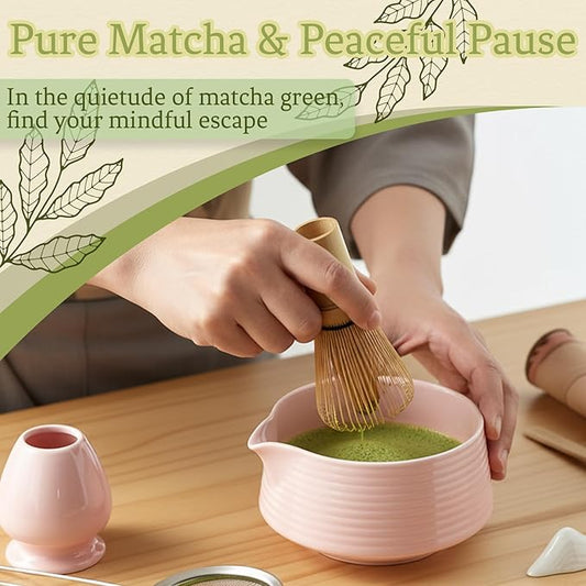 8 Pcs Matcha Whisk Set Chasen Matcha Whisk Bamboo Bowl with Spout Sifter Spoon Scoop Whisk Holder Bamboo Mat Complete Matcha Making Kit (Pink)
