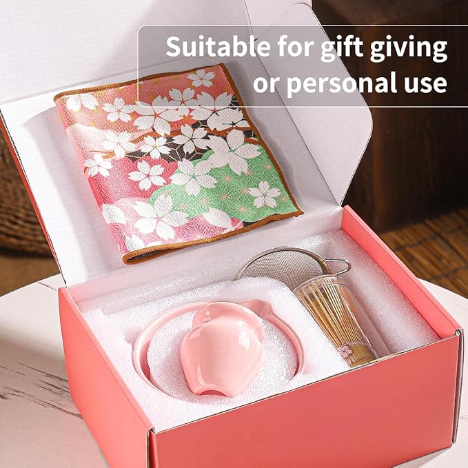 8-Piece Matcha Ceremony Set - Tea Kit with Cherry Blossom Bowl, Bamboo Whisk, Wood Scoops, Tea Cloth & Floral Display