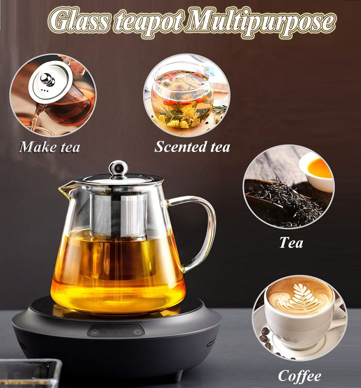 XINHUISHQZ Glass Teapot with Removable Stainless Steel Infuser, Borosilicate Glass Tea Pot with Strainer,for Blooming Tea &