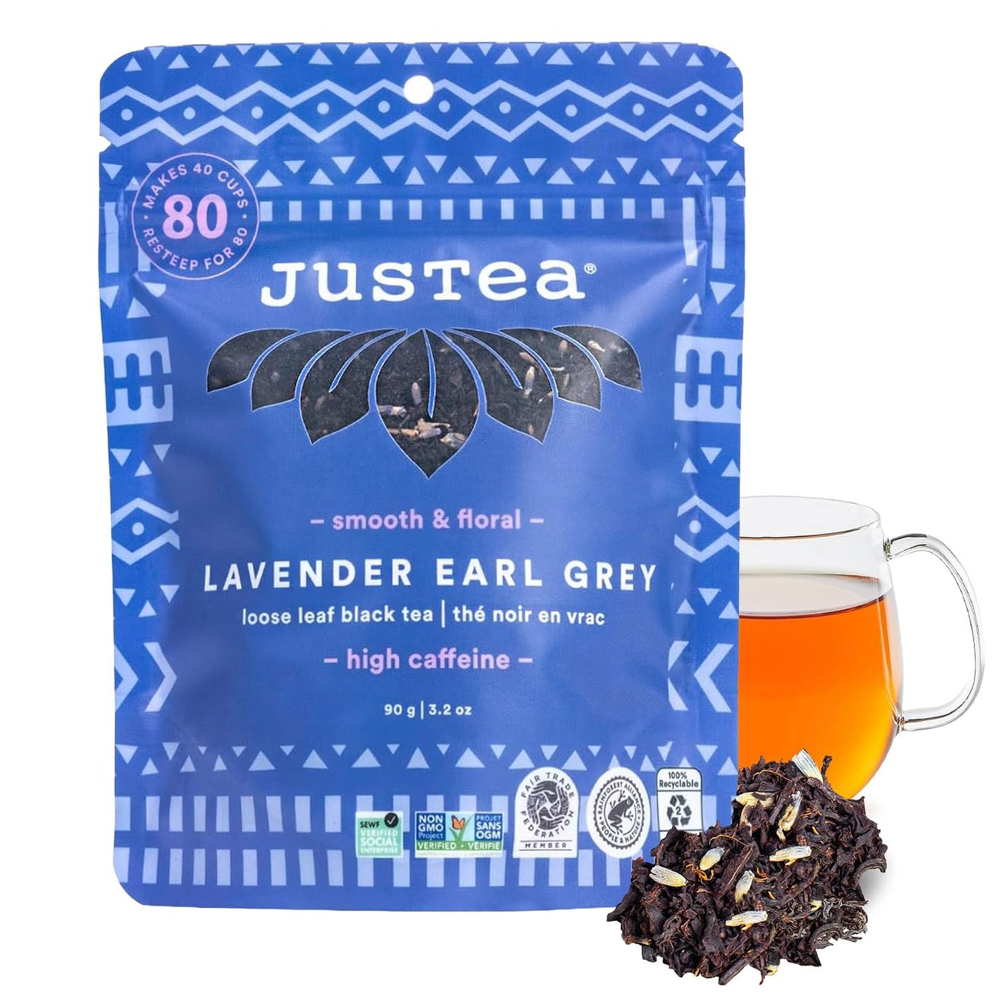 JusTea LAVENDER EARL GREY Loose Leaf Black Tea, 40+ Cup Pouch, 4/5 Caffeine | Fair-Trade LAVENDER EARL GREY Loose Leaf Black Tea. 90g/3.2oz Resealable Pouch. Steeps 40+ cups. 4/5 Caffeine. Organic.