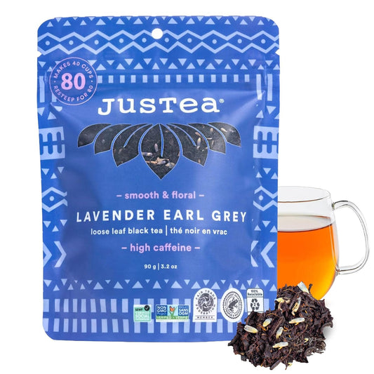 JusTea LAVENDER EARL GREY Loose Leaf Black Tea, 40+ Cup Pouch, 4/5 Caffeine | Fair-Trade LAVENDER EARL GREY Loose Leaf Black Tea. 90g/3.2oz Resealable Pouch. Steeps 40+ cups. 4/5 Caffeine. Organic.