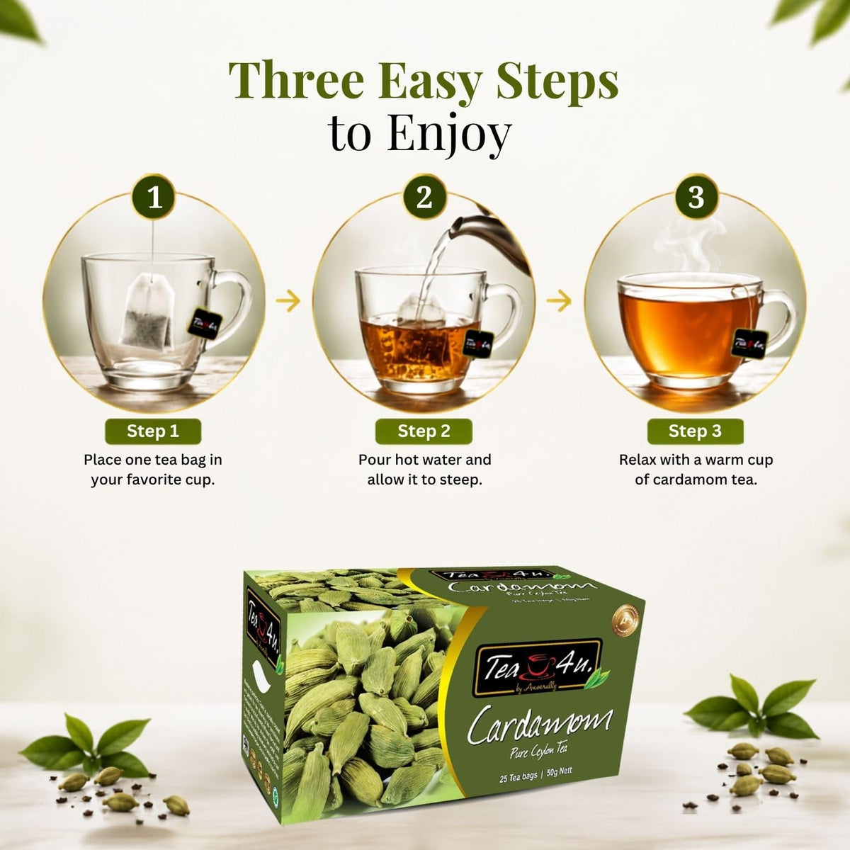 TEA 4U. BY ANVERALLY Tea4U Cardamom Black Ceylon Tea Bags - Aromatic Spice Blend - 25 Count