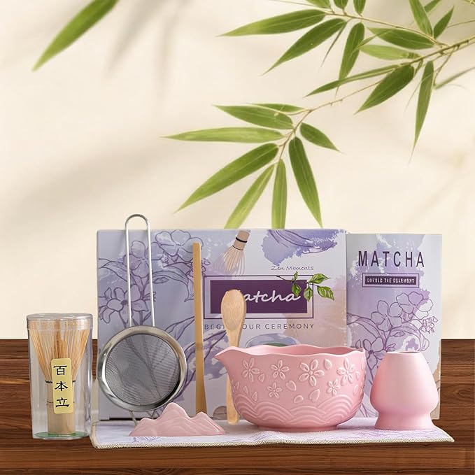 8 Pcs Matcha Whisk Set Chasen Matcha Whisk Bamboo Bowl with Spout Sifter Spoon Scoop Whisk Holder Ba