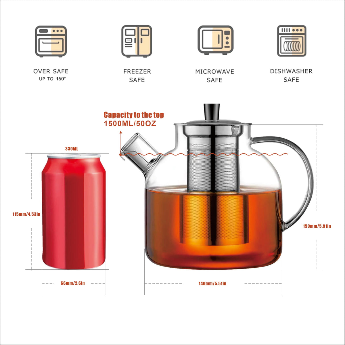 1500ml(50oz) Glass Teapot with Removable Infuser, Ehugos Stovetop Safe Large Tea Pot, Blooming and Loose Leaf Hand Crafted