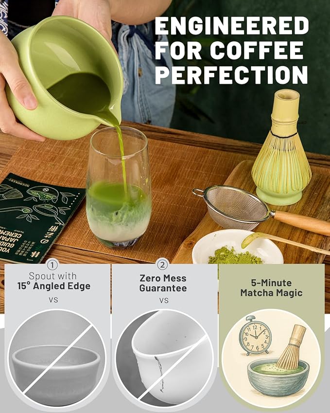 Nucookery Matcha Whisk Set - 5 Pcs Matcha Set with 18oz Ceramic Matcha Bowl (Chawan) with Spout, Bamboo Whisk & Holder, Scoop and Sifter | Complete Matcha Kit for Japanese Tea Ceremony
