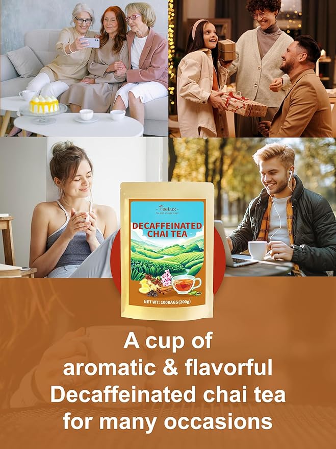 TeeLux Decaf Chai Black Tea, Decaffeinated Black Tea with Cinnamon, Ginger, Cardamom, Star Anise, Robust & Spicy Flavor, 100 Count