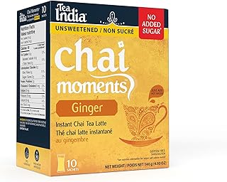 Tea India Chai Moments Unsweetened Ginger Chai Tea Instant Latte Mix Flavorful Blend Of Premium Black Tea, Ginger & Natural Ingredients Traditional Indian Caffeinated Tea Individually Wrapped 10 Sachets