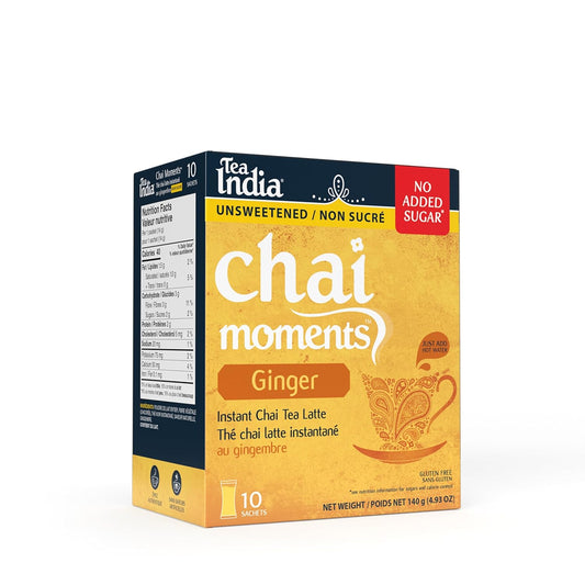 Tea India Chai Moments Unsweetened Ginger Chai Tea Instant Latte Mix Flavorful Blend Of Premium Black Tea, Ginger & Natural Ingredients Traditional Indian Caffeinated Tea Individually Wrapped 10 Sachets