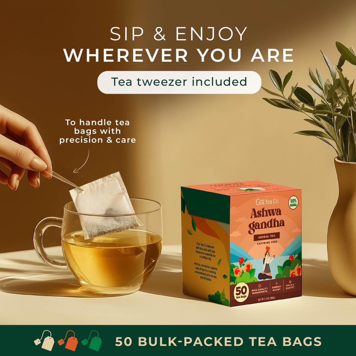 Ashwagandha Tea Bags 50 Count - 100% Natural Caffeine Free Herbal Tea