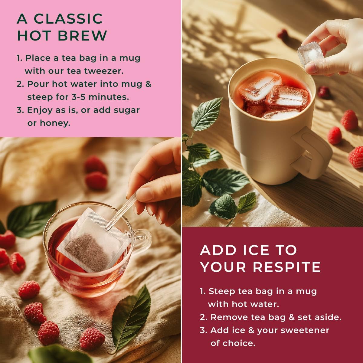 Raspberry Tea Bags 100 Count - 100% Natural Caffeine Free Herbal Tea | Sweet &amp; Smooth Flavor - Iced Fruit Tea Blend of Hibiscus - Non-GMO, Hand Harvested, Rich Antioxidants, 0 Calories