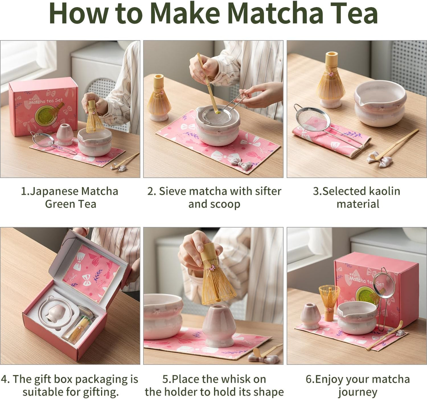 DWEHIXBUY Matcha Kit 7-Pcs matcha whisk set, Measuring Spoon, Japanese Tea Making Tools,Cha, tea bowl, pink matcha set (rosy)