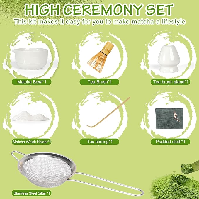 Topchances 7Pcs Matcha Whisk Set,Ceramic Matcha Tea Set Includes Whisk Matcha Bowl Scoop and Whisk with Holder Sifter Towel