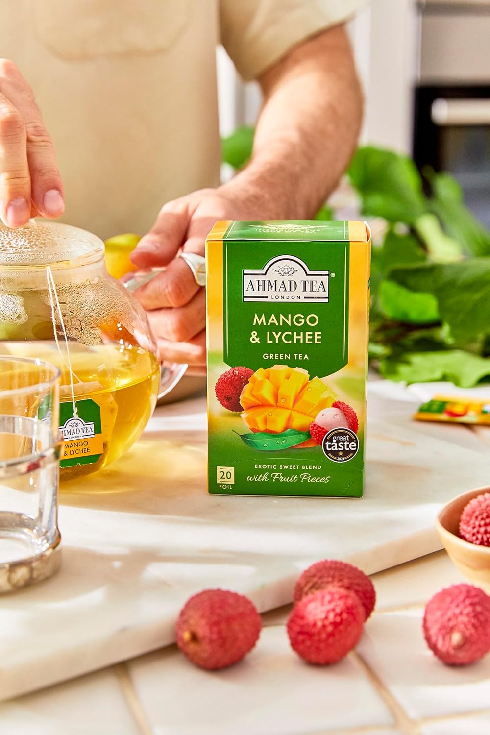 Ahmad Tea Green Tea, Mango & Lychee Teabags, 20 ct (Pack of 1) - Caffeinated & Sugar-Free