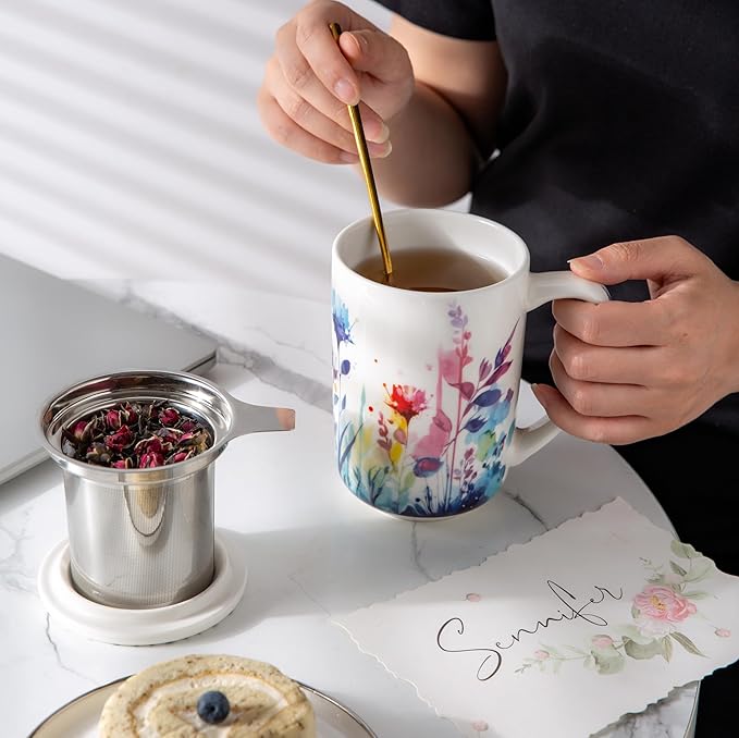 AmorArc Porcelain Tea Mug with Infuser and Lids, 18 Oz Large Cup Strainer with Bag Holder for Loose Leaf Tea