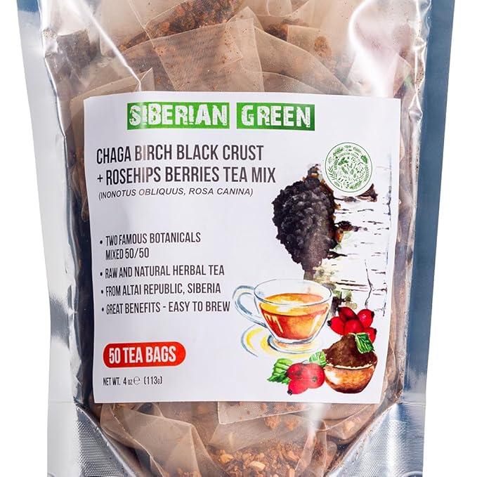 Siberian Green Chaga Tea Birch Black Crust with Rosehip Berries Mix – 50pcs Tea Bags with Natural, Pure Ingredients - Antioxidant Support