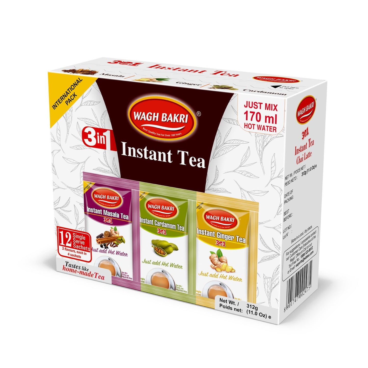 Wagh Bakri Instant Tea Premix, Masala, Cardamom & Ginger - 4 Sachets Each, Total 12 Sachet [International Pack]