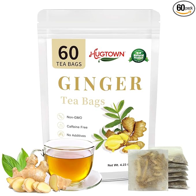 Ginger Tea Bags 60 Count - 100% Pure Extra Hot & Spicy Ginger Root | Strong Intense Flavor, Digestion Support, Caffeine Free Herbal Tea | Natural Loose Leaf