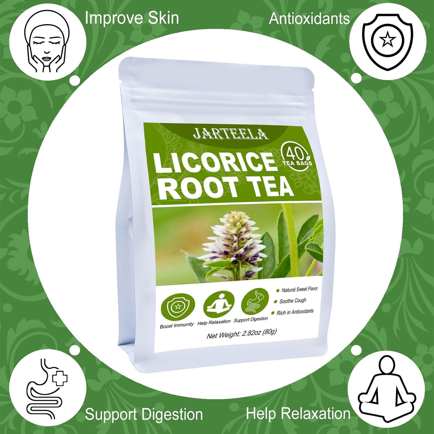 Jarteela - Licorice Tea Bag, 40 Ct, licorice Root Herb Teabags | Pure licorice root, Non-GMO. Naturally sweet and smooth, supports gentle digestion and promotes a healthy-looking skin glow.