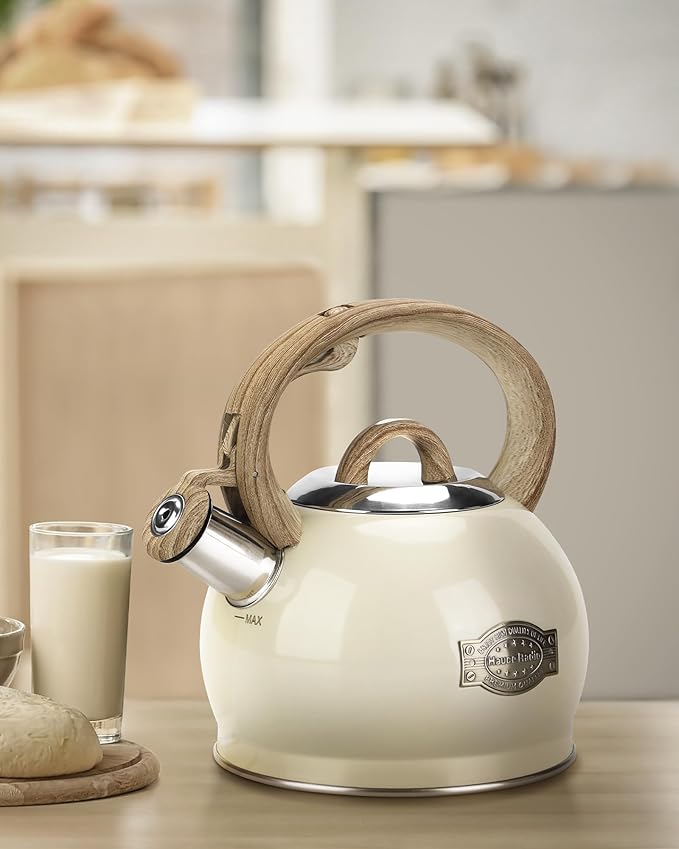 Teapot for Stovetop, 2.1 Quart Stove Top Whistling Tea Kettle, Teapot Kettles with Food Grade Stainless Steel and Wood Pattern Folding Handle