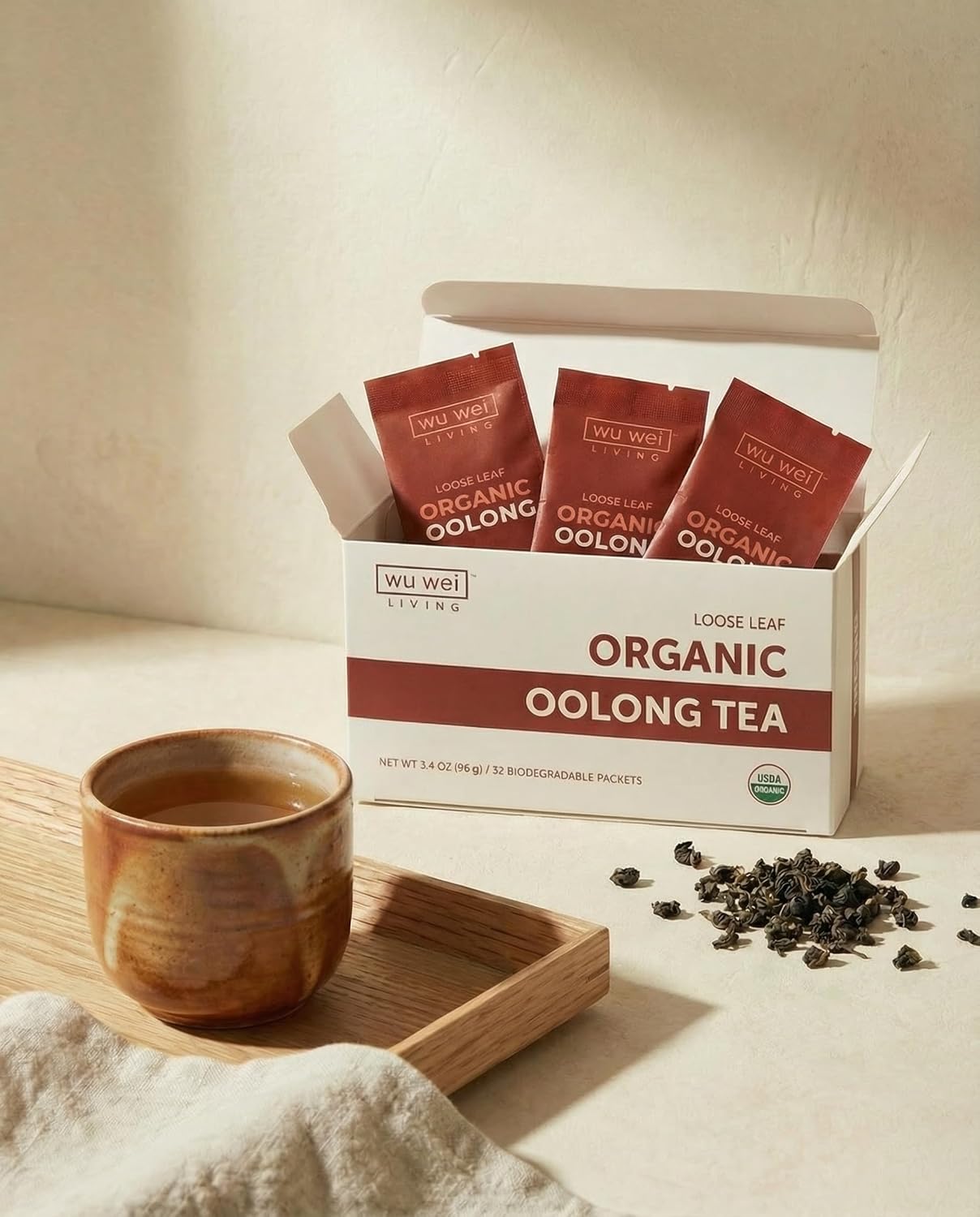 Organic Oolong Tea, USDA Certified, Single Serve Loose Leaf, Low Caffeine, Natural Energy, (32-Pack)