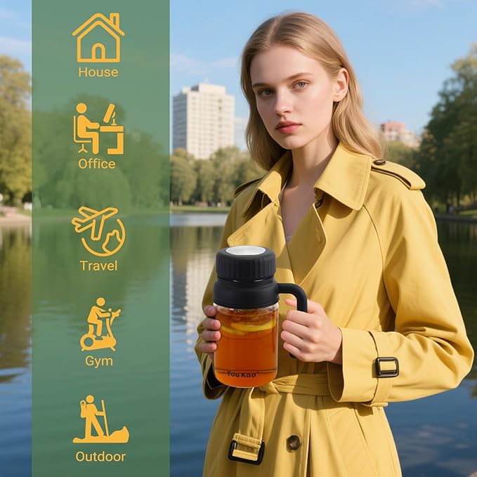 32oz Glass Water Bottle, Tea Bottle with Infuser & Handle, BPA-Free Leakproof Wide Mouth Large Tea Infuser cup for Hot or Cold Drinks, Loose