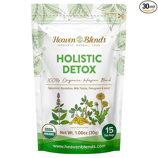 Heaven Blends Organic Holistic Detox Tea – Spearmint, Dandelion, Burdock, Milk Thistle Seed, Fenugreek & Yellowdock Root – sugar free, caffeine free, and gluten free. 15 Sachets (Small, 15, Count)