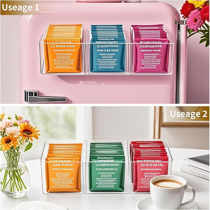 Tea Bag Organizer - Holds 60 Tea Bags, 3 Compartments, Transparent Design, Tea bag Holder Hooks for Storage Cabinet and Kitchen Pantry (1)