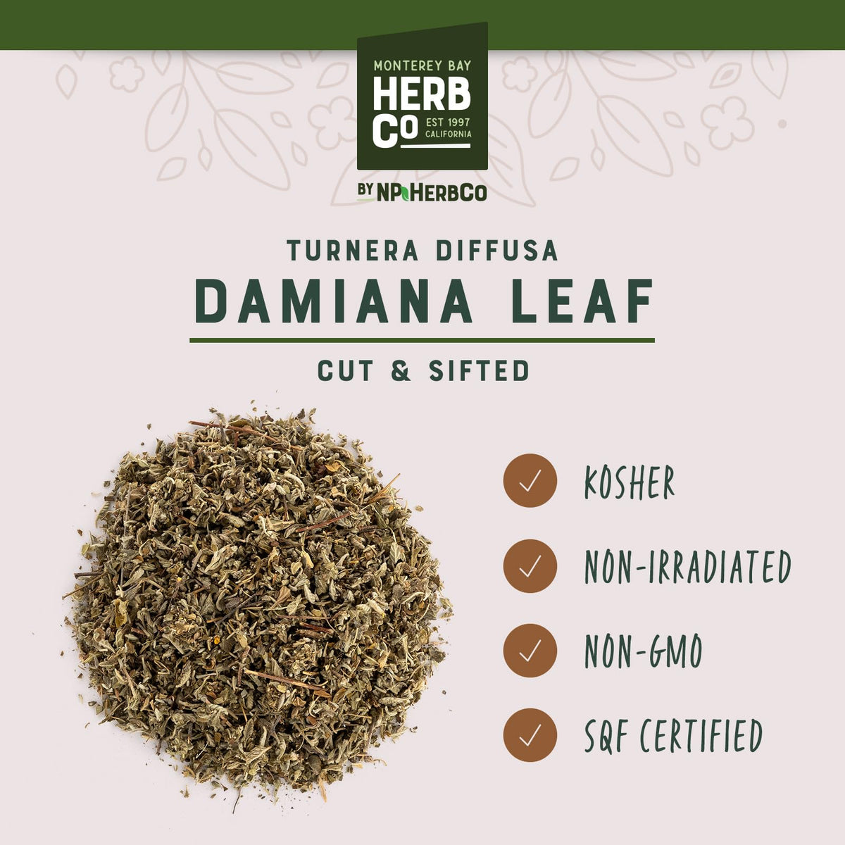 MONTEREY BAY HERB CO Damiana Leaf Cut & Sifted, by Herb Co, Turnera diffusa, Old Woman's Broom, from Mexico, Kosher, for