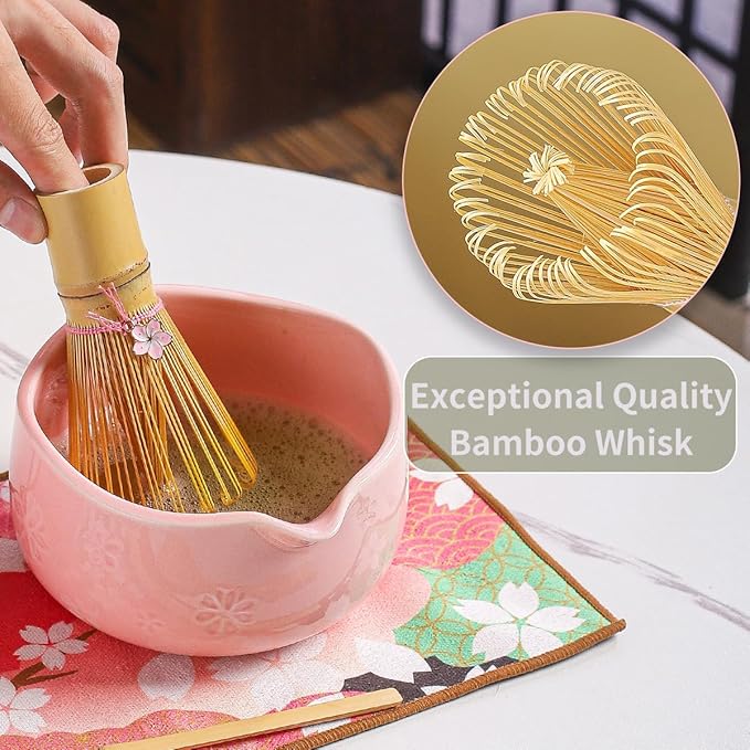 Handcrafted Matcha Bowl Set 8pc - Japanese Style Ceramic Chawan Tea Cups with Floral Art & Wavy Rim | Complete Matcha Tea Ceremony Kit in Premium Gift Box (pink)