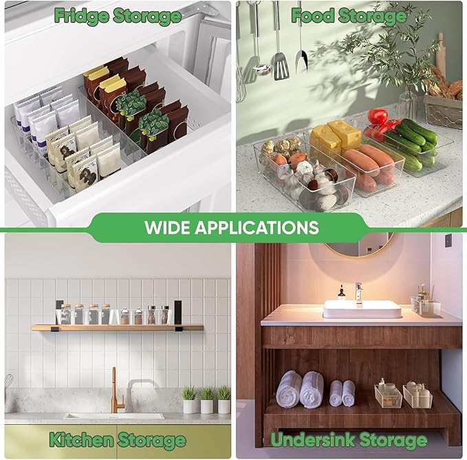 8 Pack Pantry Organizers and Storage,Snack Containers with 3 Dividers for Kitchen,Fridge,Refrigerator Organization and Storage,Clear Plastic Organizer Bins for Spice,Tea bag,Seasoning