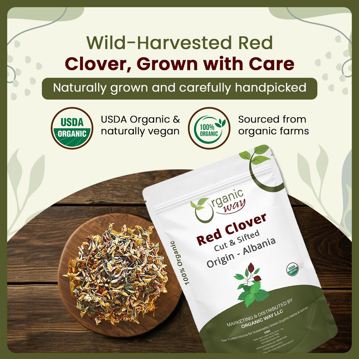 Organic Way Red Clover Flower Cut & Sifted - Herbal Tea (16 Oz)