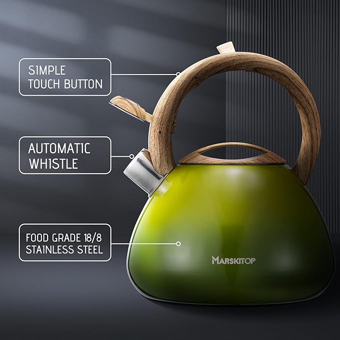 Marskitop Whistling Tea Kettle for Stove Top, 2.6 Quart Teapot for Stovetop, Stainless Steel Tea Pot for Stove with Wood Pattern Handle, Light Green