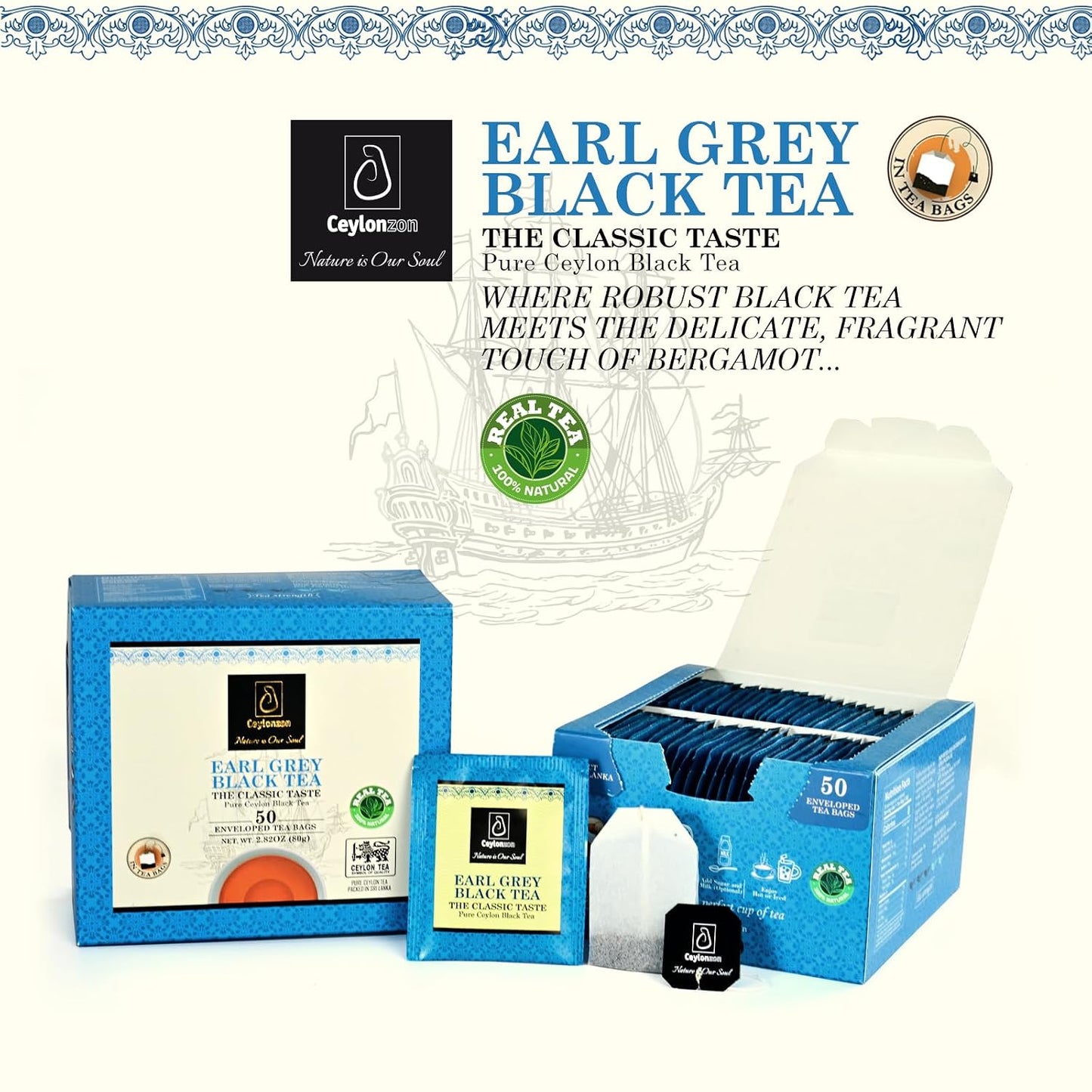 Ceylonzon Earl Grey Black Tea Classic Taste 50 Individually Foil-Wrapped Tea Bags, Infused with Pure Bergamot for a Bold, Aromatic Flavor and Refreshing Experience 80g