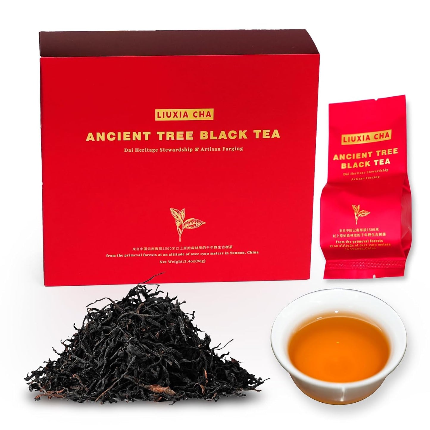 LIUXIA CHA Yunnan Black Tea (Dian Hong), Ancient Tree Chinese Loose Leaf Tea, Spring Harvest, Honey and Malt Aroma, Low Caffeine, 12 Individually Sealed 8g Pouches, 3.4 oz