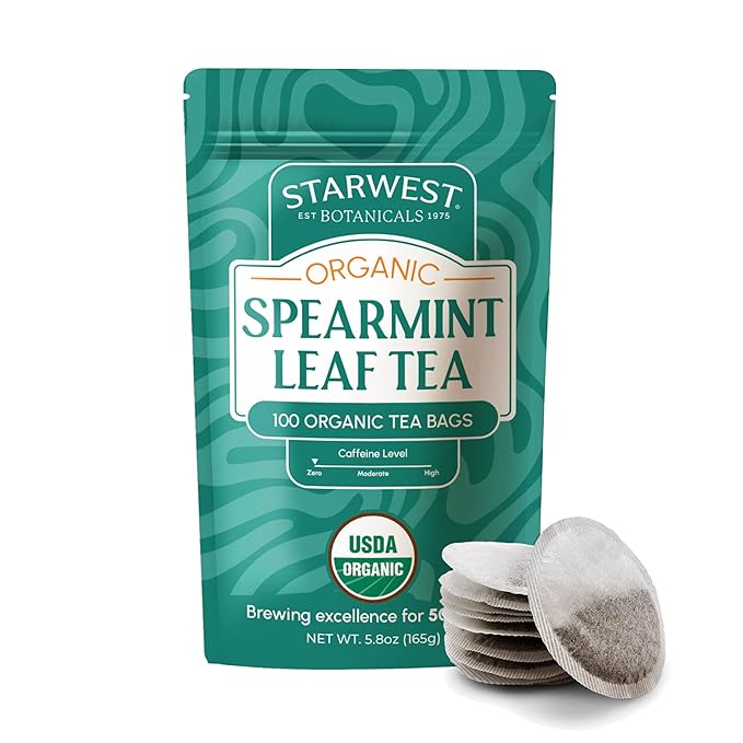 Starwest Botanicals Organic Spearmint Leaf Tea - Caffeine Free Herbal Tea, Promotes Calm, USDA Organic Spearmint Leaf, String Free Sachets, Non GMO
