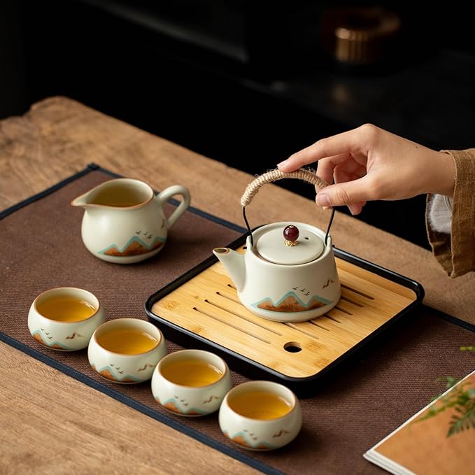 7-Piece Ruyao Ceramic Chinese GongfuTea Set, Traditional Crackle Glaze Teapot with Cups and Bamboo Tray, Gift Box Included