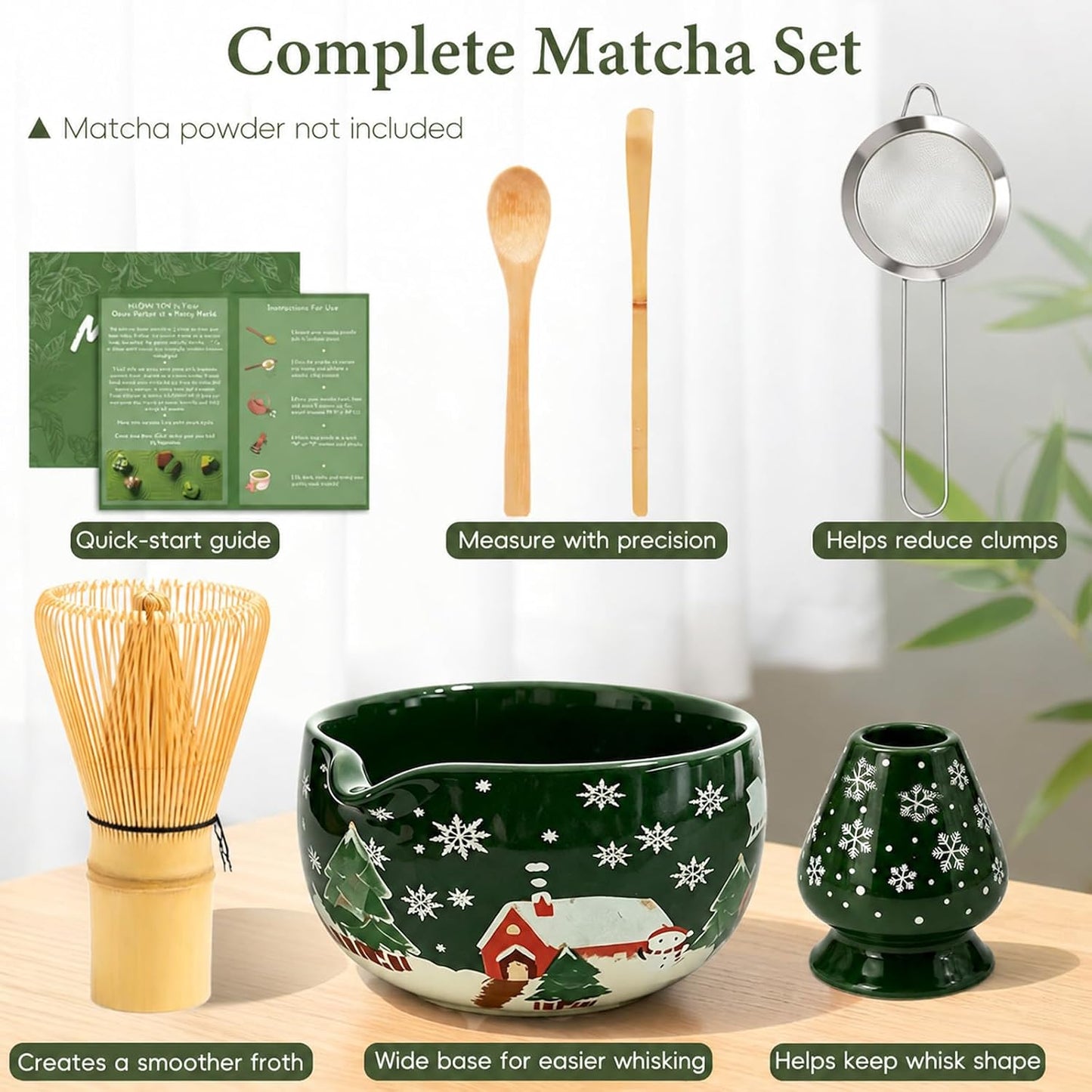 Matcha Whisk Set, Ceramic Matcha Set Includes Bowl &amp; Holder, Bamboo Whisk (Chasen), Scoop, Spoon and Sifter, 6Pcs Matcha Kit Covers Everything Needed for Making Matcha
