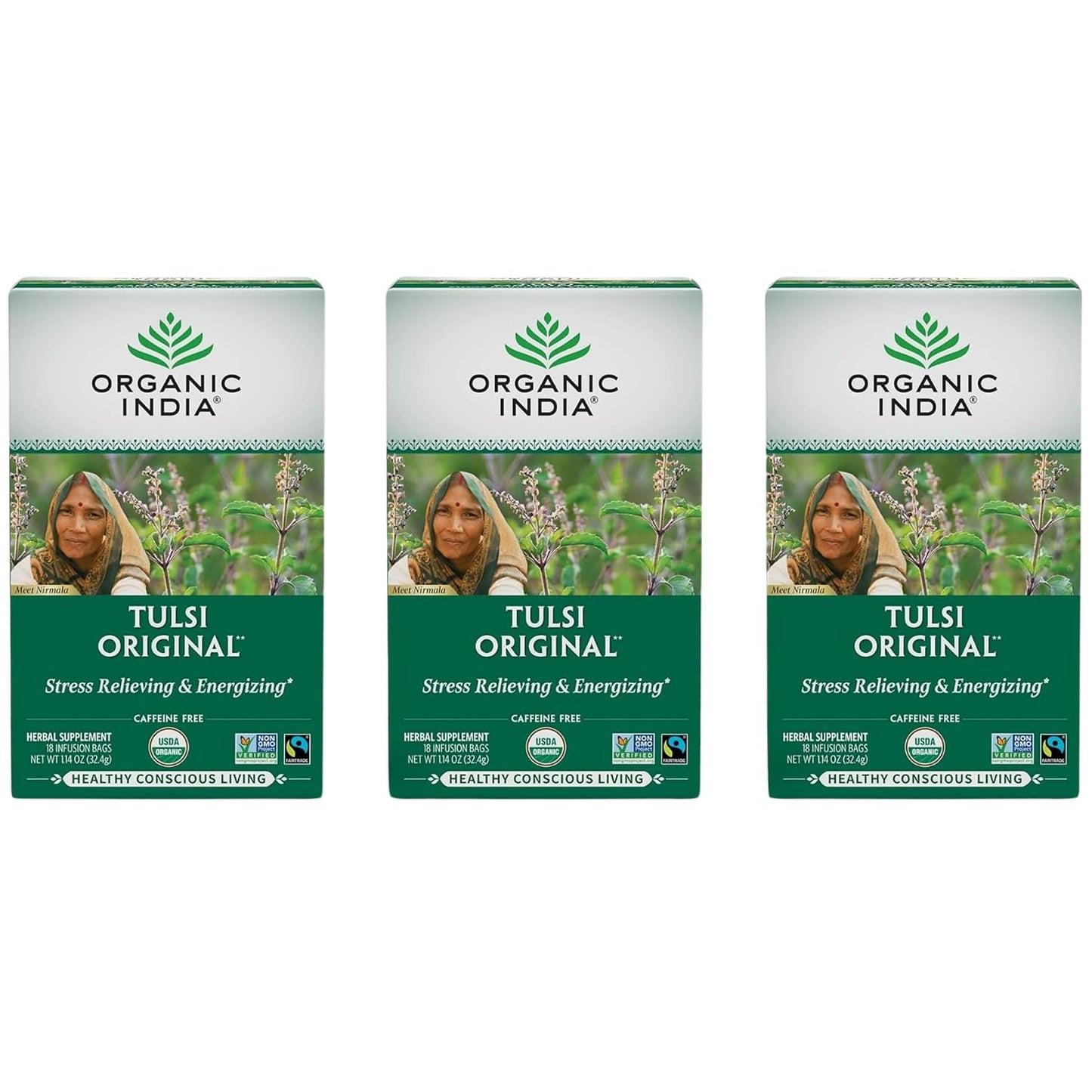 Organic India Tulsi Original Herbal Tea - Holy Basil, Stress Relieving &amp; Energizing, Immune Support, Adaptogen, Vegan, USDA Certified Organic, Non-GMO, Caffeine-Free - 18 Infusion Bags, 3 Pack | Holy Basil and African Basil Calming and Stress Relief T