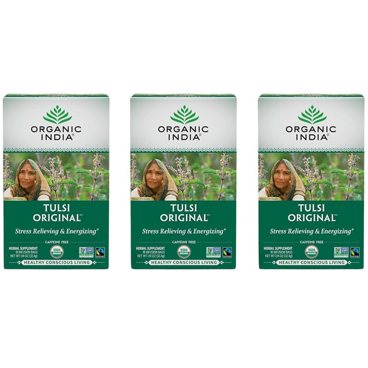 Organic India Tulsi Original Herbal Tea - Holy Basil, Stress Relieving &amp; Energizing, Immune Support, Adaptogen, Vegan, USDA Certified Organic, Non-GMO, Caffeine-Free - 18 Infusion Bags, 3 Pack | Holy Basil and African Basil Calming and Stress Relief T