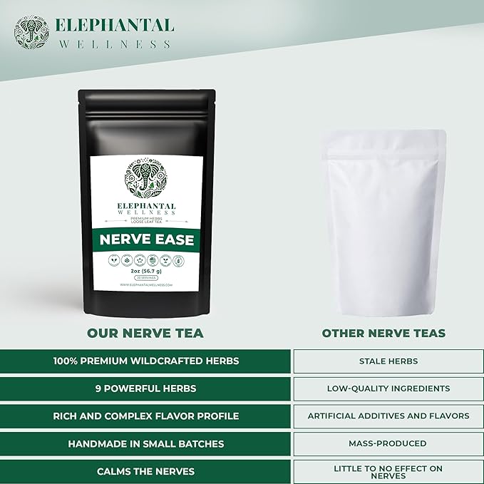 Elephantal Wellness Nerve Ease Herbal Tea, Calming Nervous System Support with Chamomile Tea, Passionflower, Lemon Balm Tea, Valerian & St