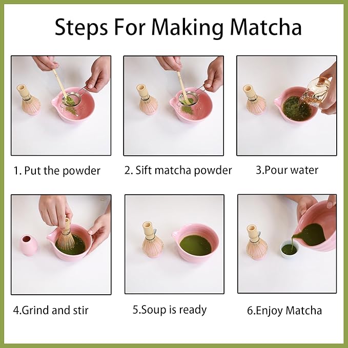 Matcha Whisk Set, Matcha Set with Matcha Bowl with Spout, Bamboo Whisk and Holder, Bamboo Scoop and Stainless Sifter