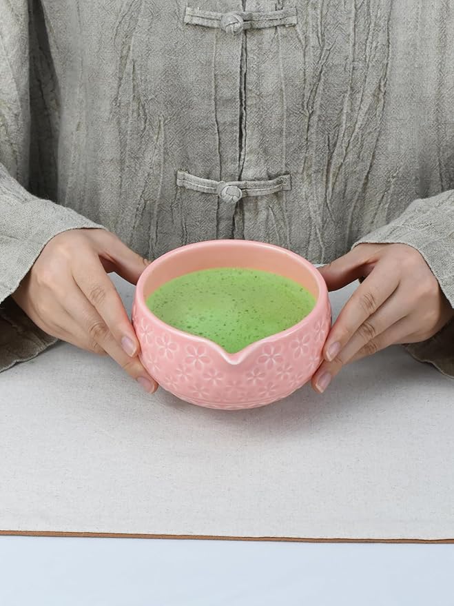 Artcome Matcha Tea Set – Pink Sakura Embossed Ceramic Bowl 17oz with Bamboo Whisk, Whisk Holder, Strainer, Scoop, Tea Spoon, Cloth