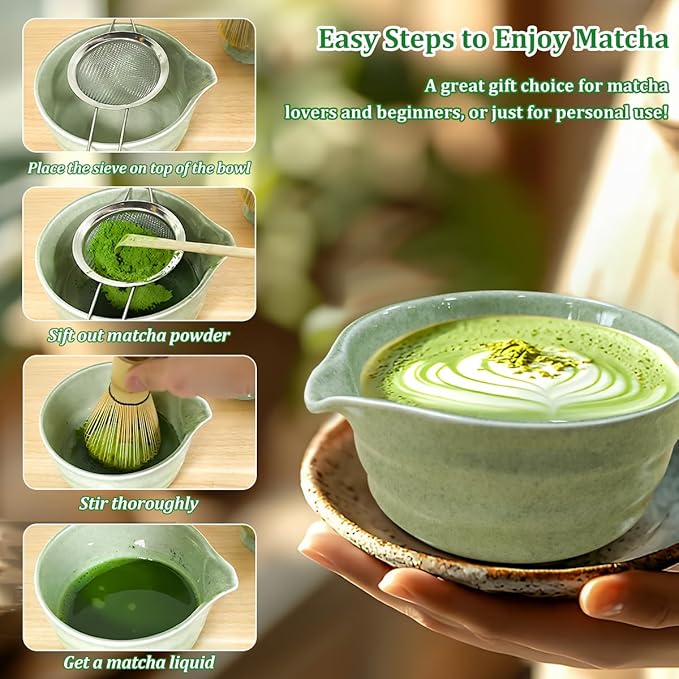 Matcha Whisk Set, 5 Pcs Matcha Kit for Matcha Lovers, 17 OZ Matcha Bowl with Spout, Bamboo Whisk, Scoop, Stainless Sifter and Ceramic Whisk Holder, Unique Gifts for Tea Enthusiasts Birthday Christmas
